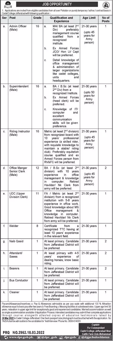 Jobs In  cadet college Jaffarabad Jobs 2022 — original advertisement