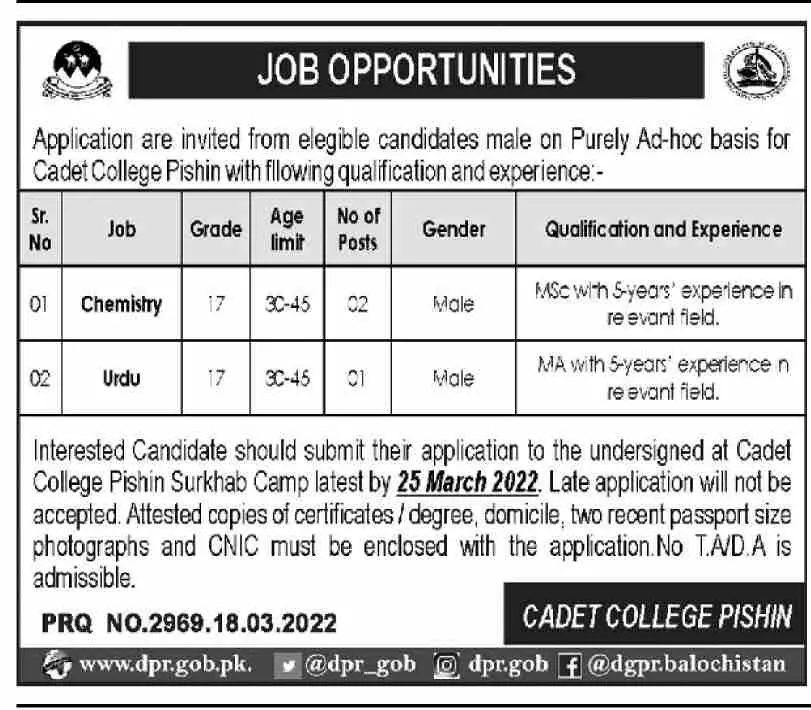 Jobs In cadet College Pishin Jobs 2022 — original advertisement