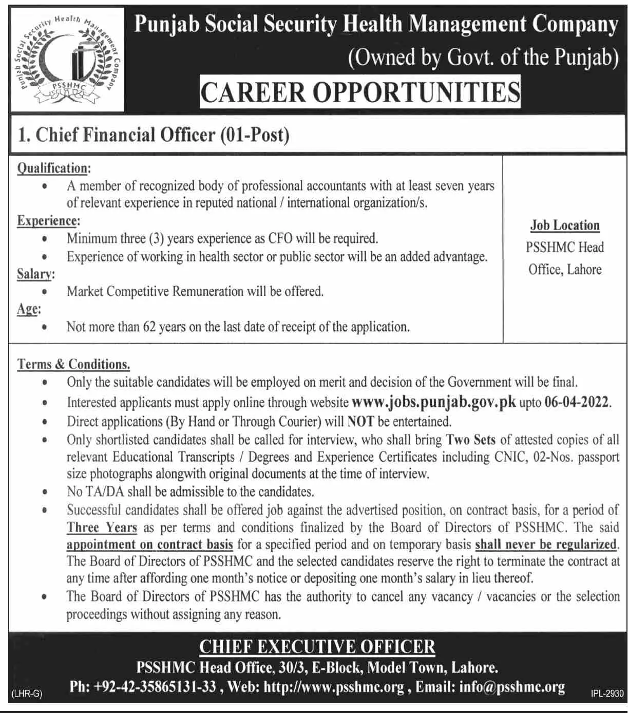 Jobs In Punjab Social Security Health Management Company Jobs 2022 — original advertisement