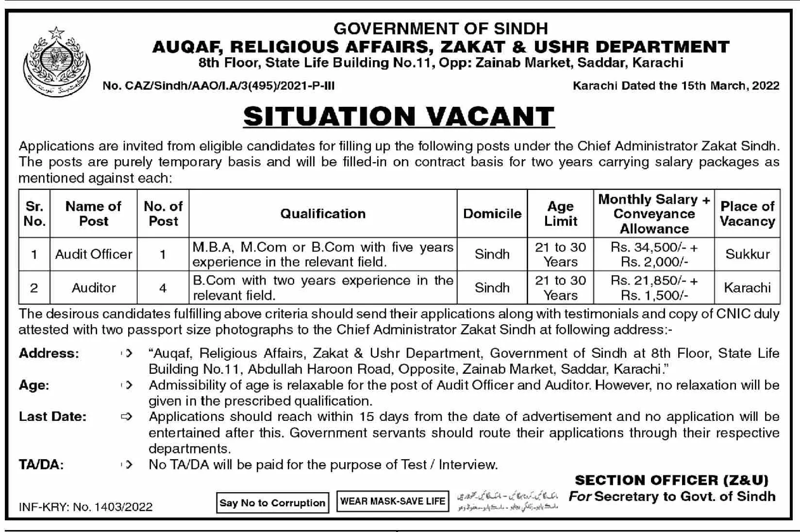 Jobs In Auqaf Religious Affairs Zakat & Ushr Department – Govt of Sindh Jobs 2022 — original advertisement