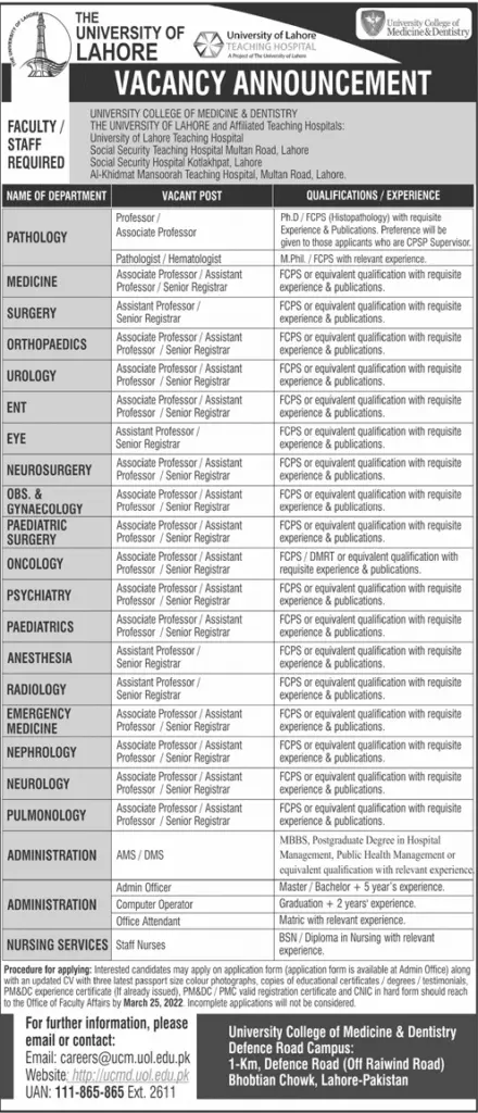 Jobs In University of Lahore Teaching and Non-Teaching Jobs 2022 — original advertisement