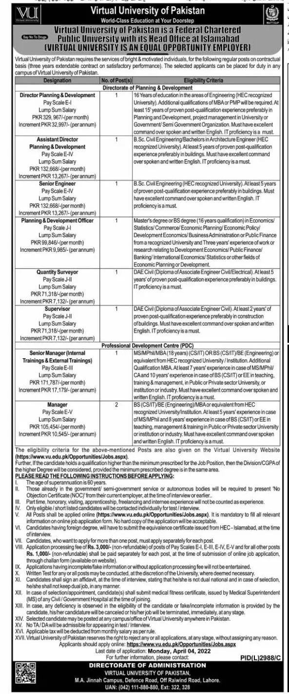 Virtual University VU Islamabad Jobs 2022 – Virtual University of Pakistan Jobs 2022 — original advertisement