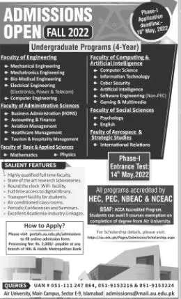 Admission In Air University, Islamabad – Air University Multan Campus Admissions 2022 — original advertisement