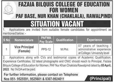 Fazaia Bilquis College of Education For women Jobs – Pakistan Air Force Jobs 2022 — original advertisement
