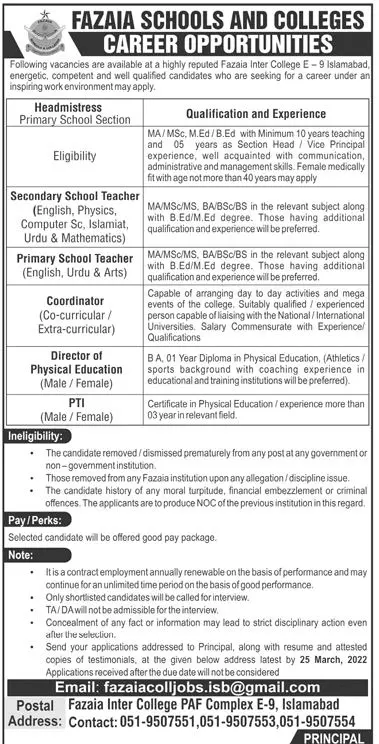 Fazia Schools and College Islamabad Jobs 2022 – Fazaia Schools & Colleges Jobs 2022 — original advertisement