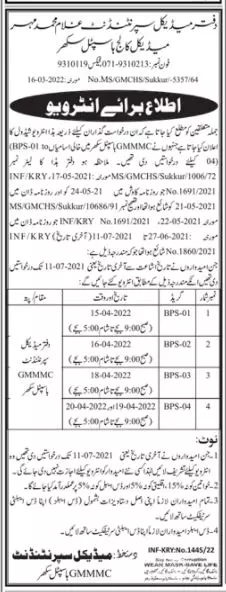 Interview In Ghulam Muhammad Mahar Medical College Sukkur Jobs 2022 — original advertisement