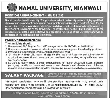 Jobs In Namal University Mianwali Jobs 2022 — original advertisement