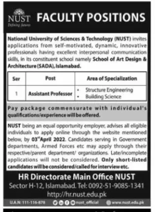 Nuts Jobs 2022 At National University of science Technology – National University of Science & Technology Islamabad Jobs 2022 — original advertisement