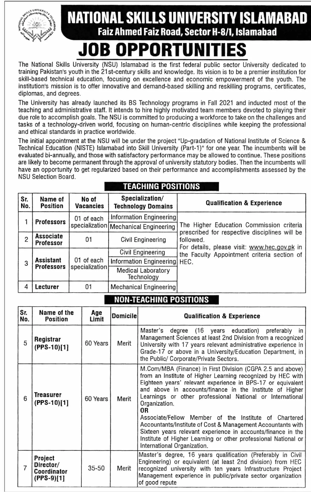 Jobs at National skill University Islamabad – National Skills University Islamabad Jobs 2022 — original advertisement