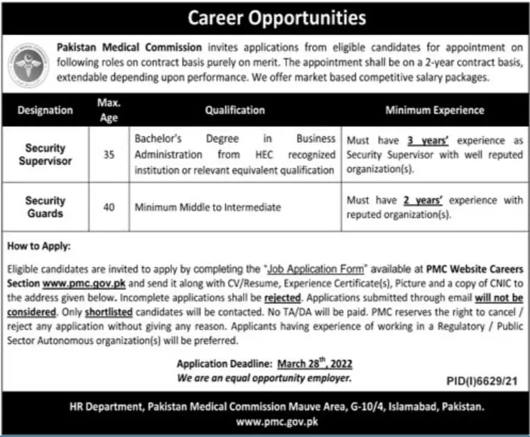 Pakistan Medical Commission PMC Jobs Jobs 2022 — original advertisement