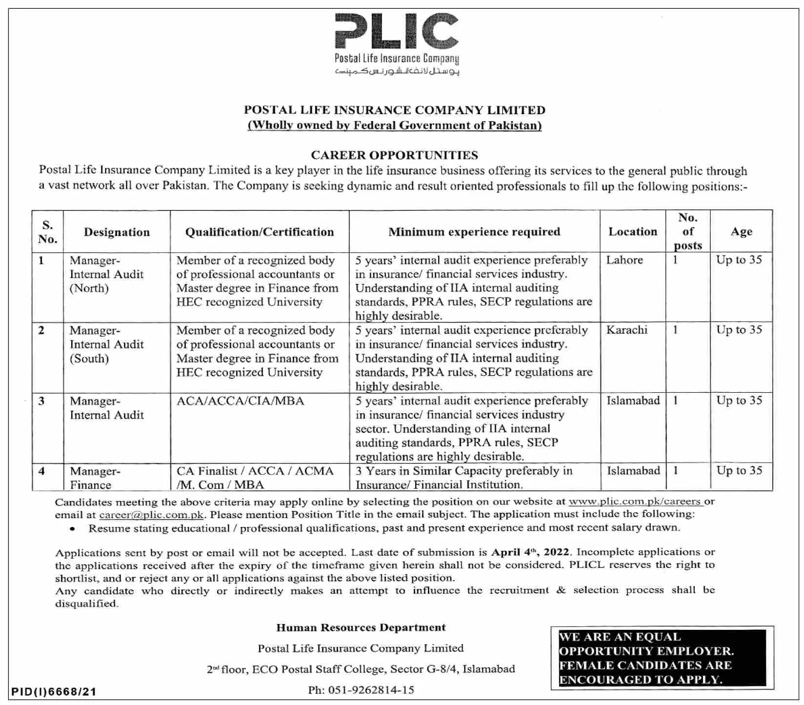 Jobs In  Postal Life Insurance Company Limited Jobs 2022 — original advertisement