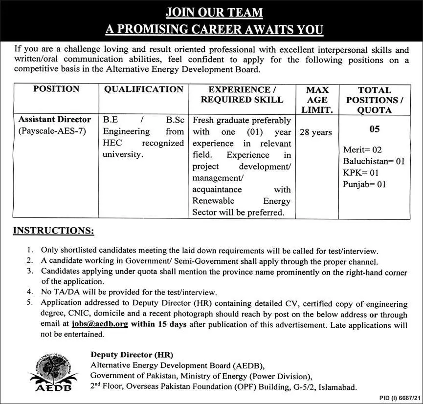 Jobs In Alternative Energy Development Board AEDB – Ministry of Energy Power division Islamabad Jobs 2022 — original advertisement