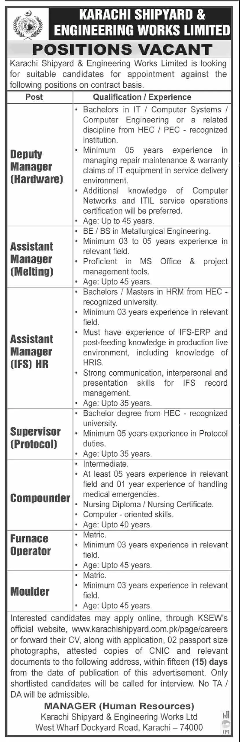 Jobs In Karachi Shipyard & Engineering Works – Karachi Shipyard & Engineering Works Limited Jobs 2022 — original advertisement
