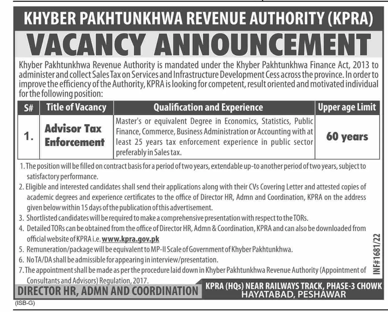 Jobs In Khyber Pakhtunkhwa Revenue Authority – Revenue Department KPK Jobs 2022 — original advertisement