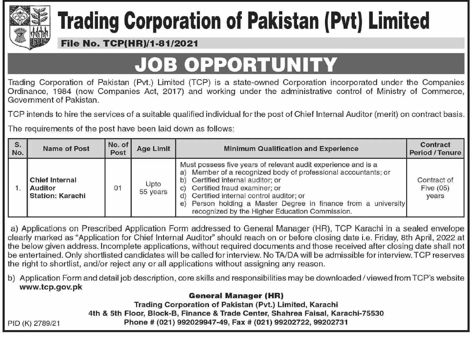 Trading Corporation of Pakistan TCP Jobs – Trading Corporation of Pakistan Private Limited Jobs 2022 — original advertisement