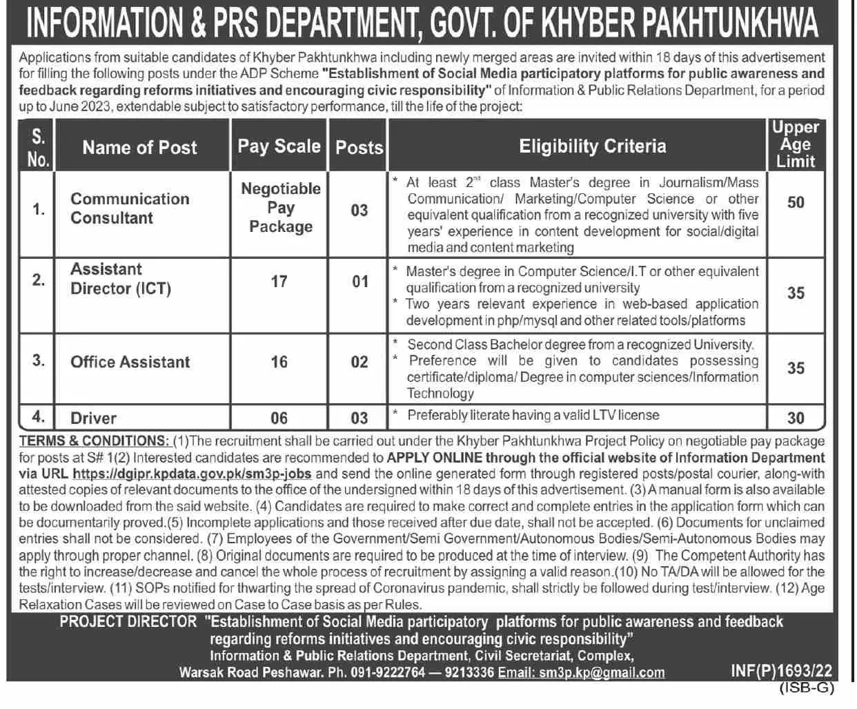 Information & PRS Department Khyber Pakhtunkhwa  Jobs 2022 – Govt of Kpk Jobs 2022 — original advertisement