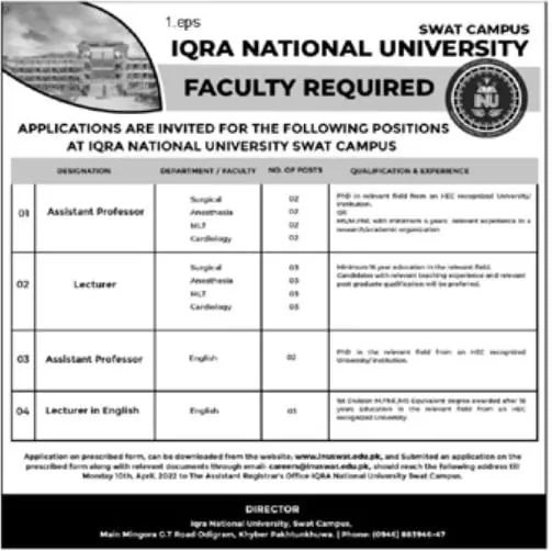 Jobs In IQRA National University Swat Campus Jobs 2022 — original advertisement