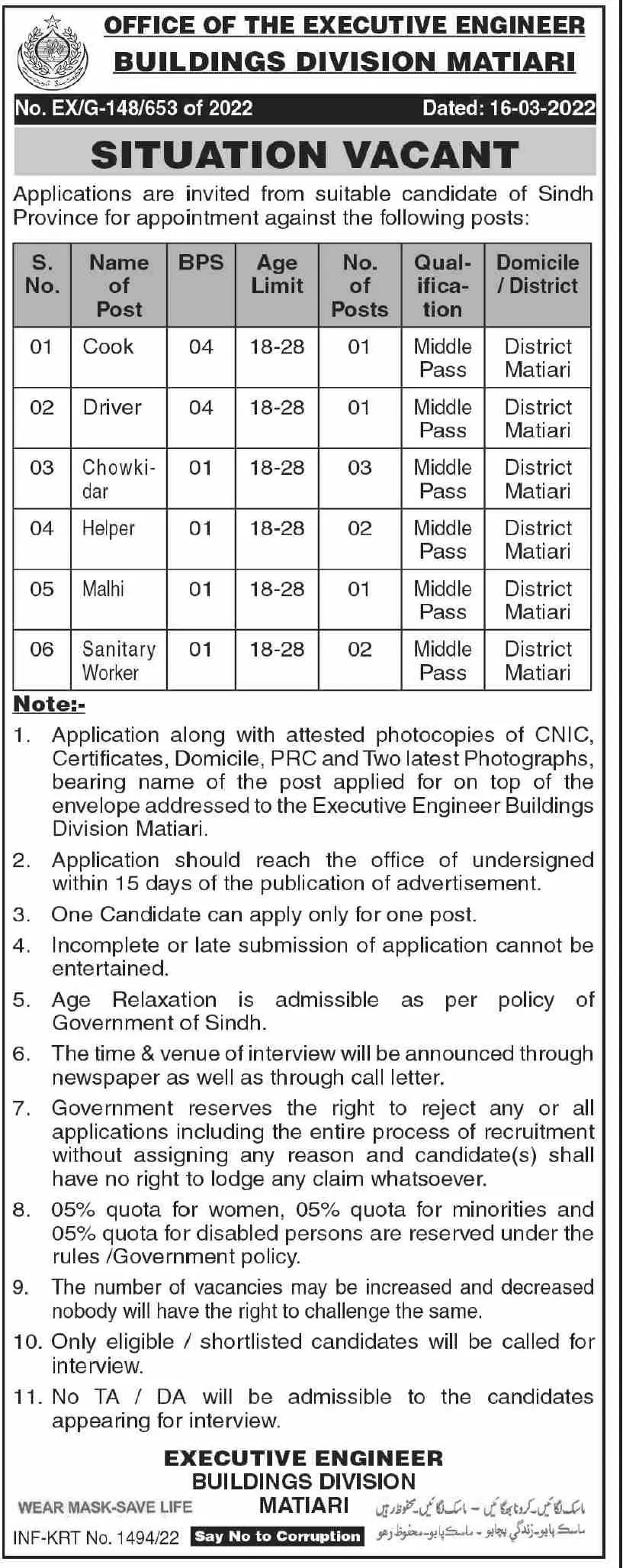 Jobs In office of the executive engineer Matiari – Govt of Sindh Jobs 2022 — original advertisement
