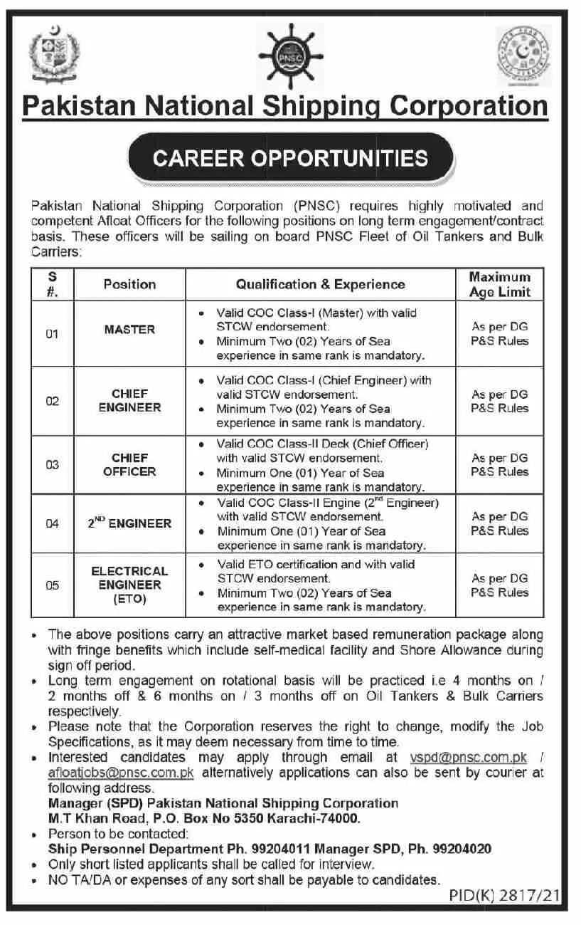 Jobs In Pakistan National Shipping Corporation – Pakistan National Shipping Corporation Karachi Jobs 2022 — original advertisement