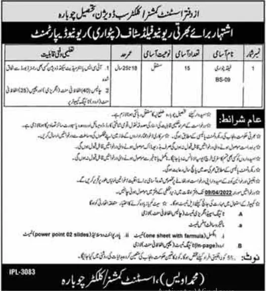 Jobs In Pakistan Revenue Department Field staff( Patwari) – Revenue Department Punjab Jobs 2022 — original advertisement