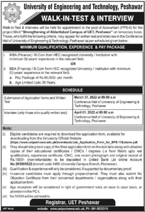 Interview University of Engineering & Technology Peshawar – University of Engineering and Technology Peshawar Jobs 2022 — original advertisement