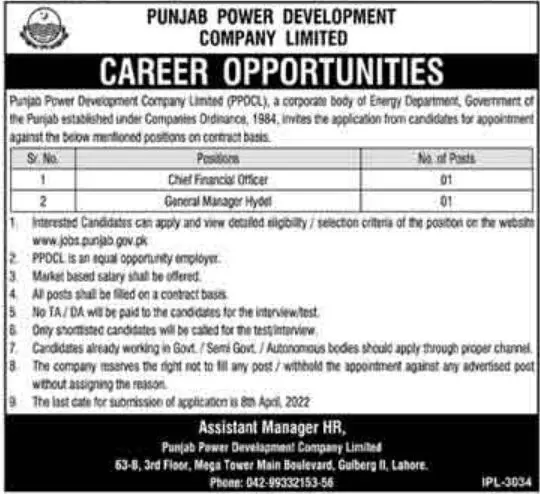 Punjab Power Development Company Limited Management Jobs – Private Company Jobs 2022 — original advertisement