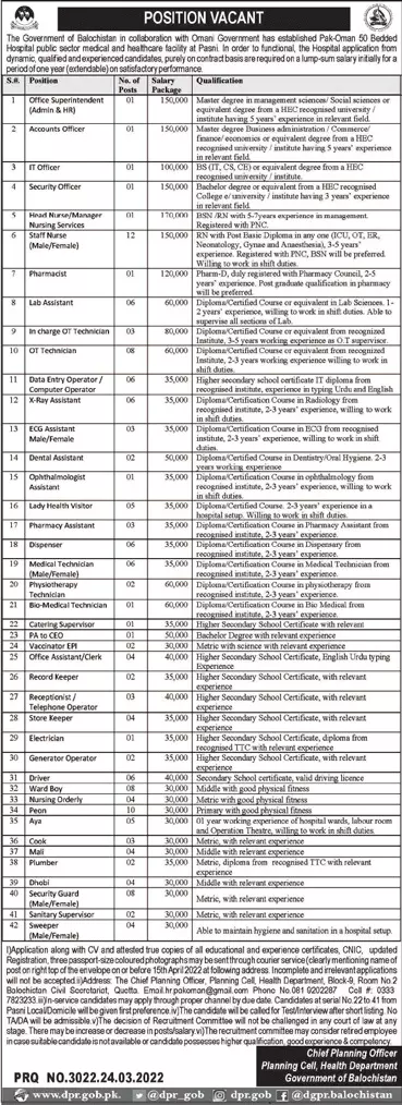 Jobs in Pak-Oman 50 Bedded Hospital Pasni 2022 – Health Department Balochsitan Jobs 2022 — original advertisement
