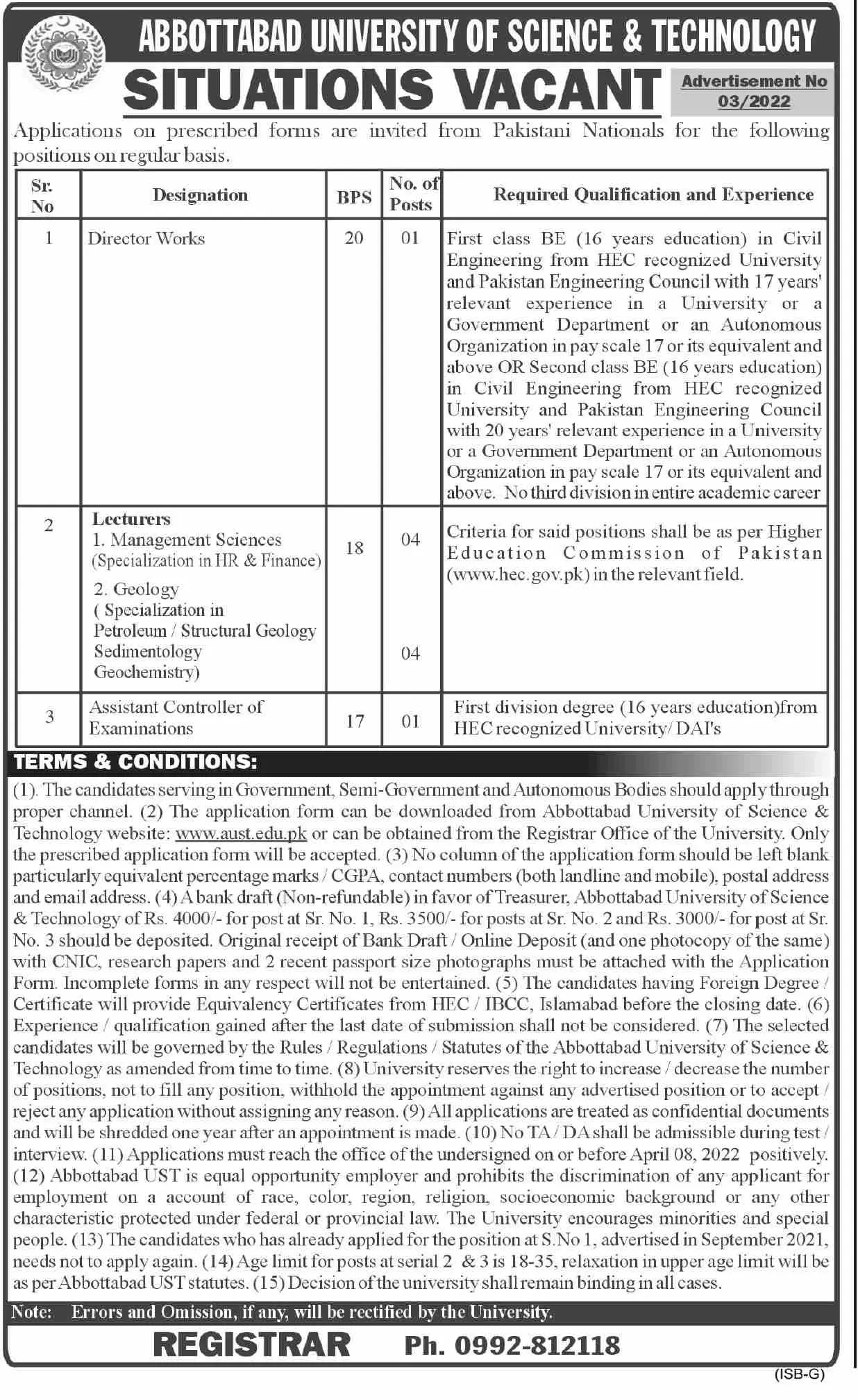 Abbottabad University of Science and Technology Jobs Jobs 2022 — original advertisement