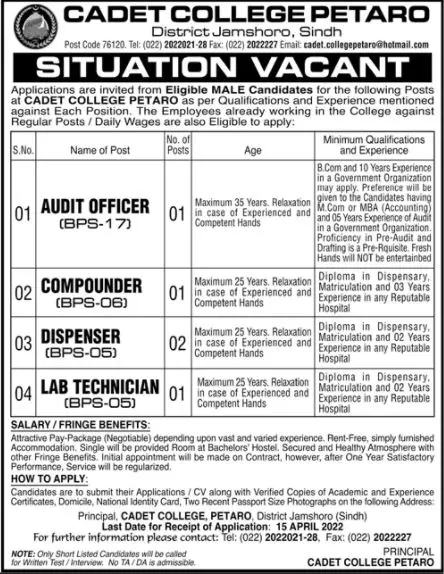 Jobs In Cadet College Petaro Jobs 2022 — original advertisement
