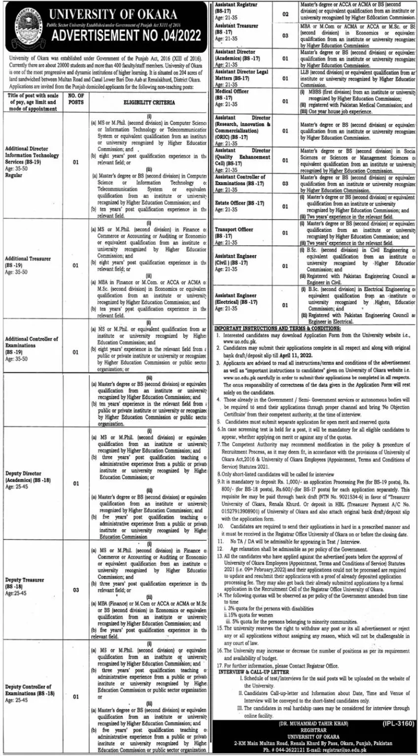 University of Okara Jobs 2022 Jobs 2022 — original advertisement