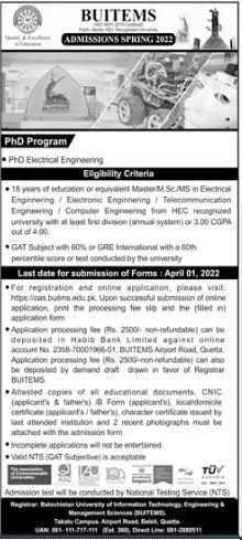 BUITMS University Quetta  Admissions 2022 – Balochistan University of Information Technology & Management Science Quetta Admissions 2022 — original advertisement