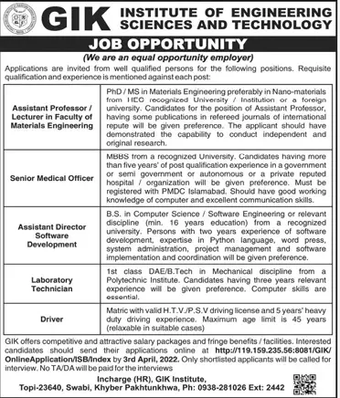 Jobs GIK Institute of Engineering and Technology Sawabi – Ghulam Ishaq Khan GIK Institute of Engineering Sciences and Technology Swabi Jobs 2022 — original advertisement