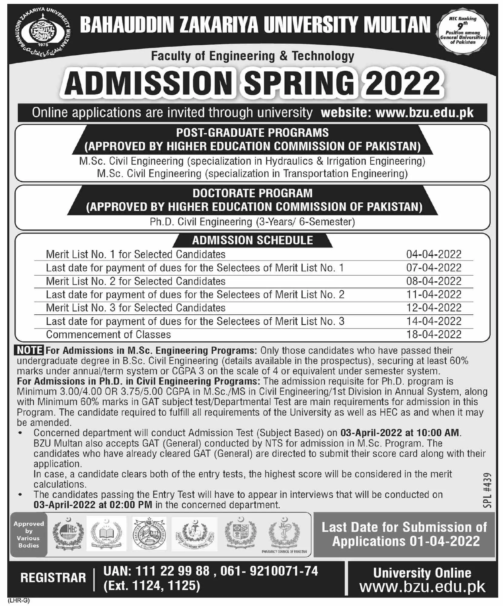 Admissions In  Bahauddin Zakariya University Multan Admissions 2022 — original advertisement