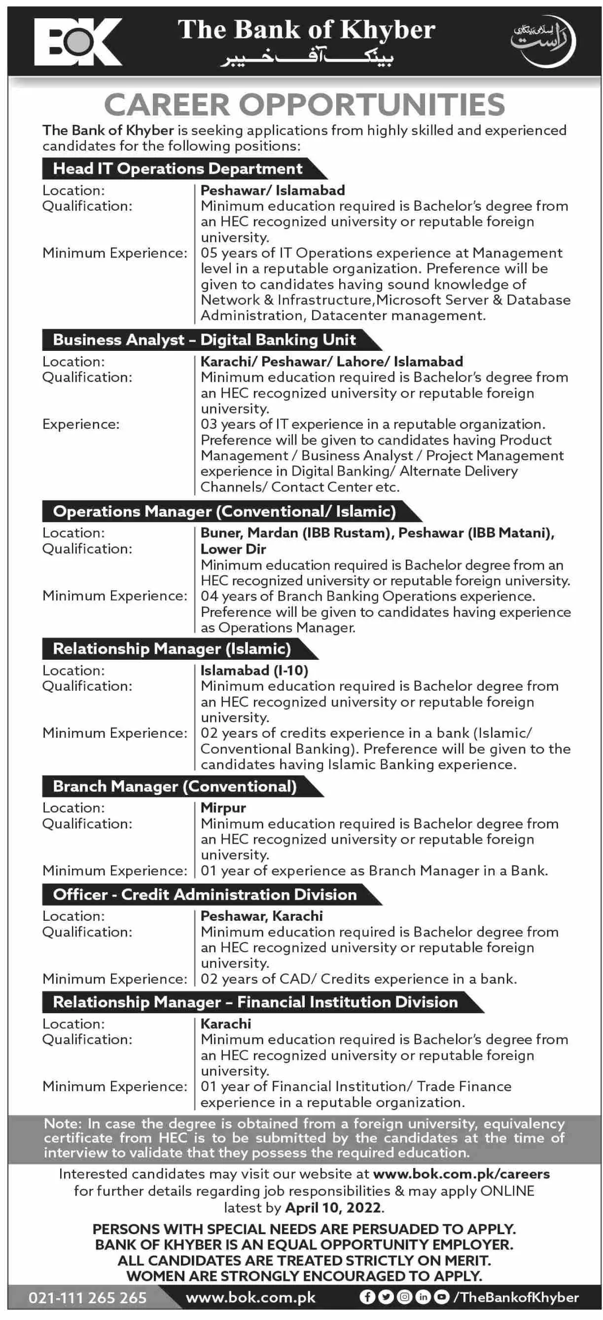 Jobs In Pakistan The Bank Of Khyber Jobs 2022 — original advertisement