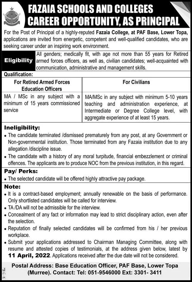 Fazaia School Murree Latest Jobs – Fazaia Schools & Colleges Jobs 2022 — original advertisement