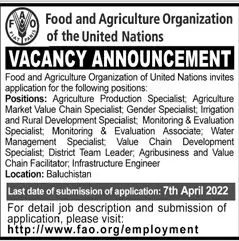 Food and Agriculture Organization FAO Balochistan Jobs 2022 – Private Sector Organization Jobs 2022 — original advertisement