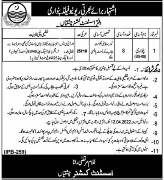 Jobs In Pakistan Revenue Department – Revenue Department Punjab Jobs 2022 — original advertisement