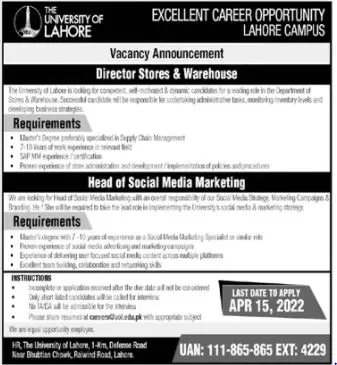 Jobs In The University of Lahore Jobs 2022 — original advertisement