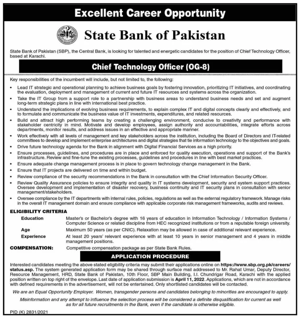 Jobs In State bank of Pakistan Jobs 2022 — original advertisement