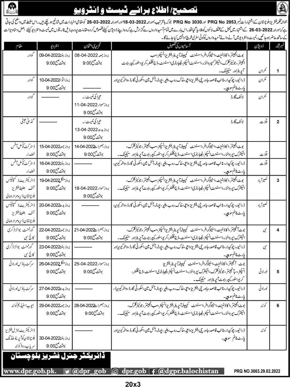 Fisheries Department Balochistan Interviews Corrigendum Jobs 2022 — original advertisement