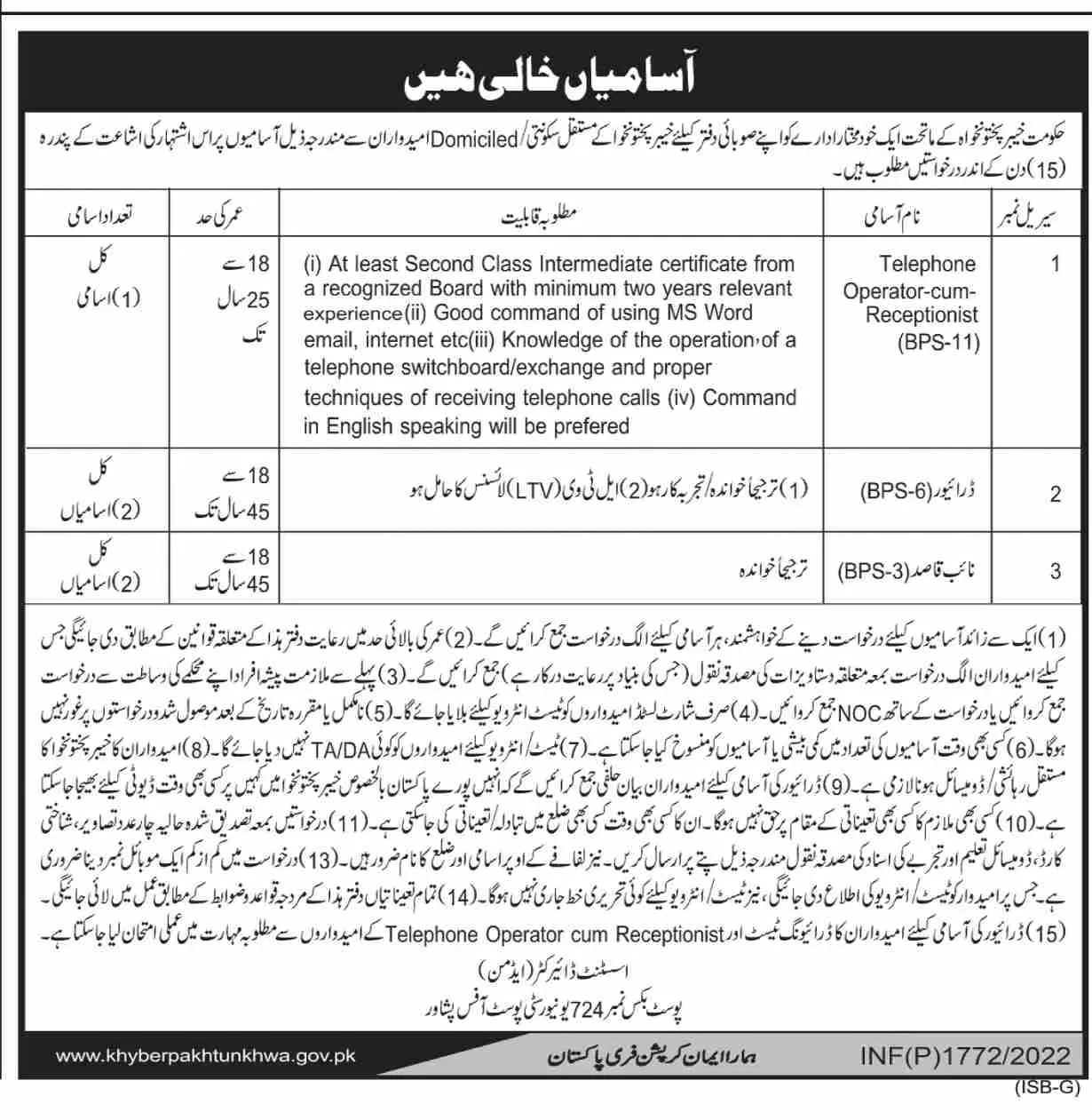 Provincial Government Organization  Kpk jobs 2022 – Govt of Kpk Jobs 2022 — original advertisement