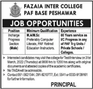Fazaia Inter College PAF Base Peshawar Jobs – Fazaia Schools & Colleges Jobs 2022 — original advertisement