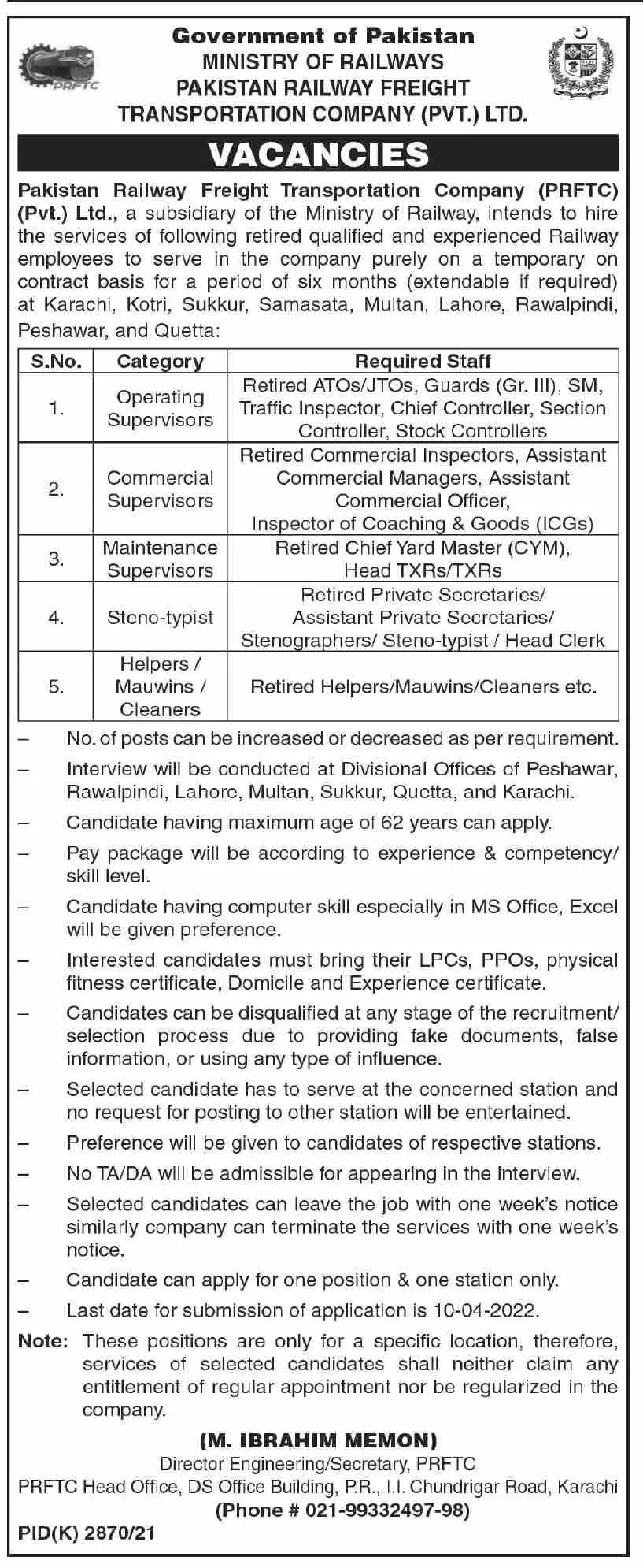 Jobs in Pakistan Railway Freight Transportation Company – Ministry of Railways Islamabad Jobs 2022 — original advertisement