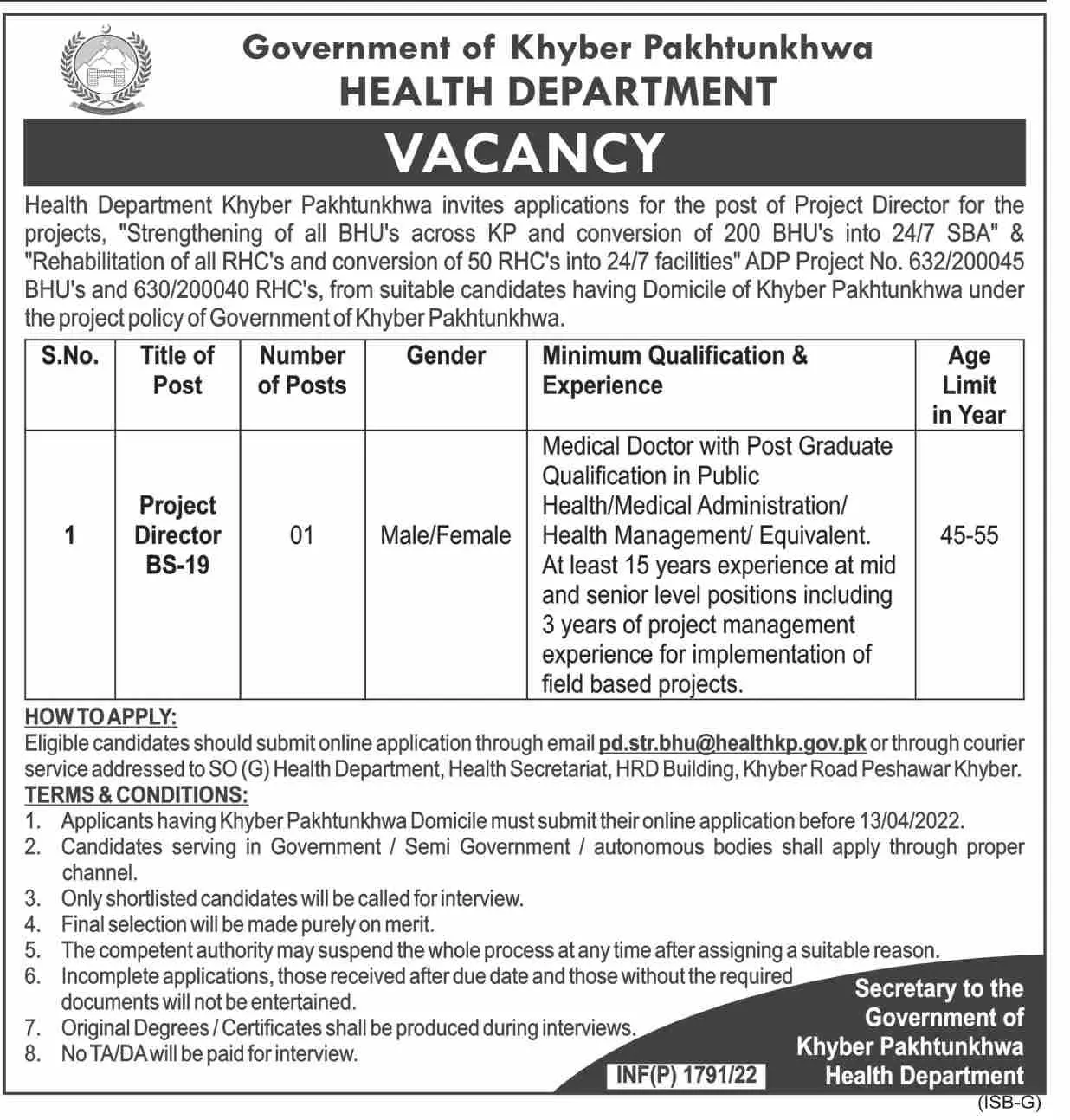 Jobs In Health Department  Khyber Pakhtunkhwa – Health Department KPK Jobs 2022 — original advertisement