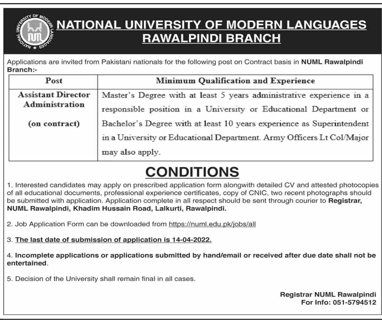 Jobs National University of Modern Languages – National University of Modern Languages Islamabad Jobs 2022 — original advertisement