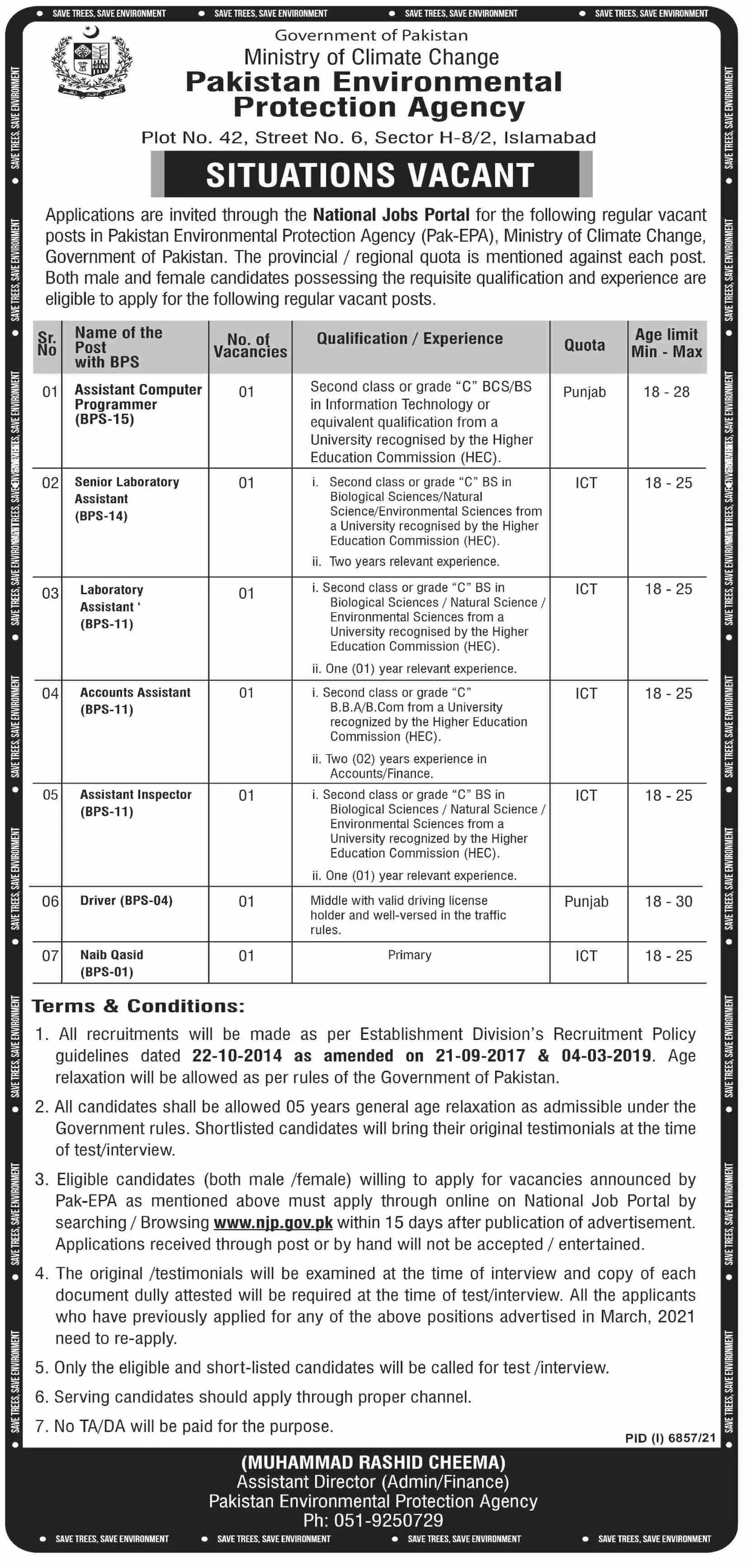 Jobs In Pakistan Environmental Protection Agency – Environment Protection Department Punjab Jobs 2022 — original advertisement