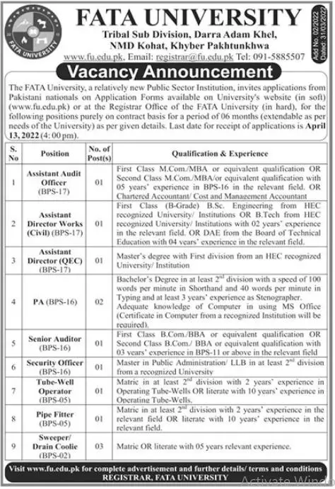 Jobs In FATA University Akhorwal Darra Adam Khel, FR Kohat – FATA University Akhorwal Darra Adam Khel FR Kohat Jobs 2022 — original advertisement