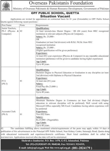 Jobs in OPF Public school Quetta 2022 – Overseas Pakistanis Foundation Islamabad Jobs 2022 — original advertisement