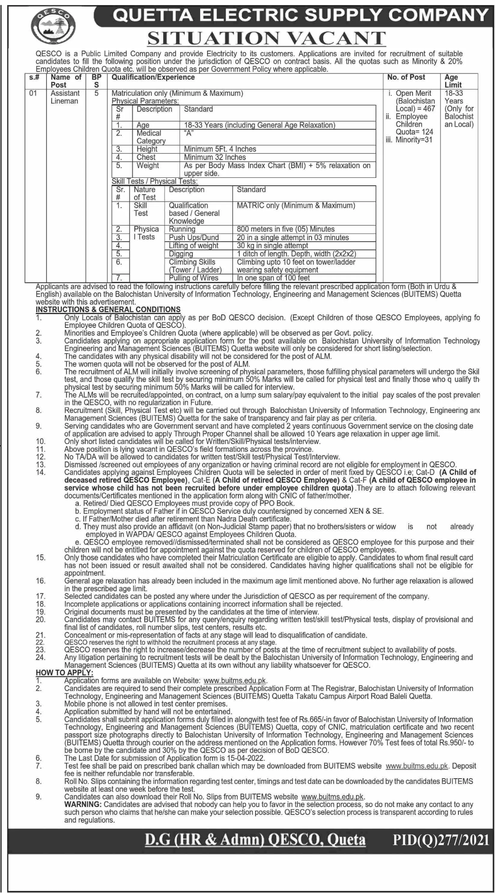 Quetta Electric Supply Company QESCO Jobs Jobs 2022 — original advertisement