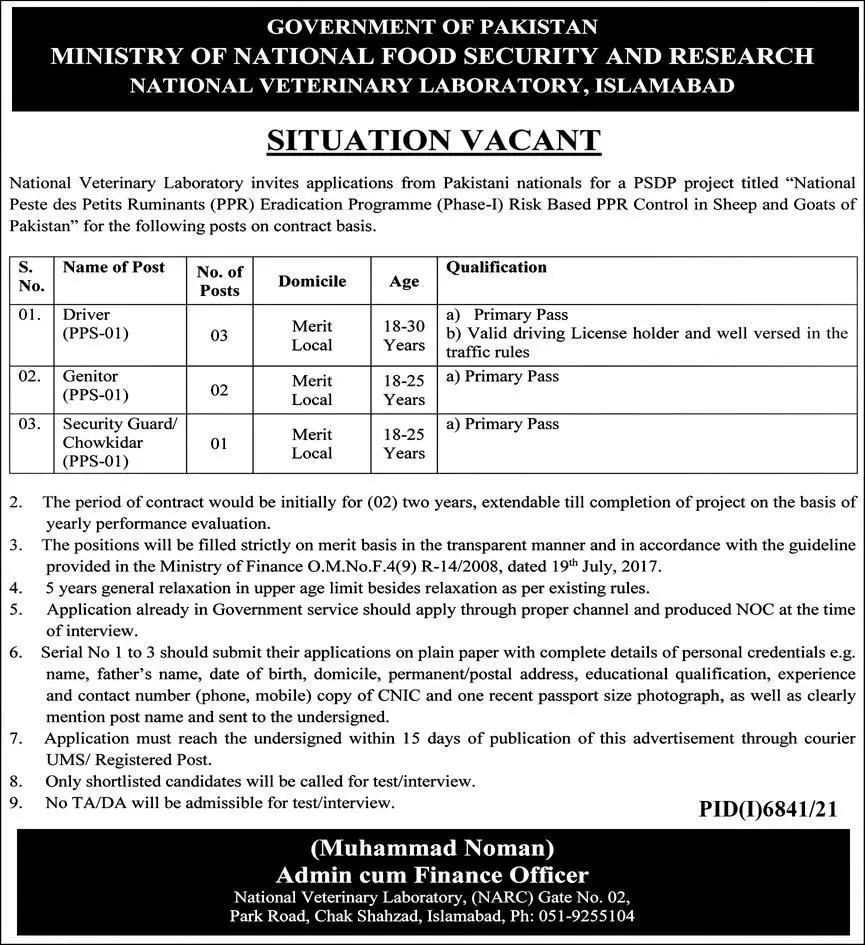 Jobs In Ministry of National Food Security & Research Jobs 2022 — original advertisement